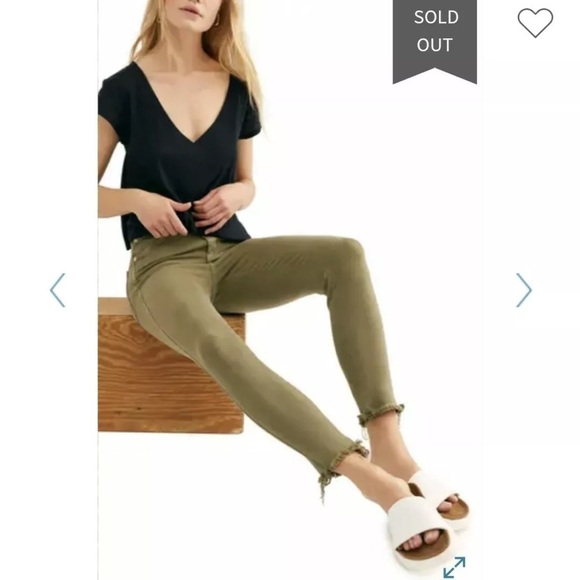 Free People New high rise skinny jeans Size 27 army Green Frayed Raw Hem Jeggins - Picture 3 of 6